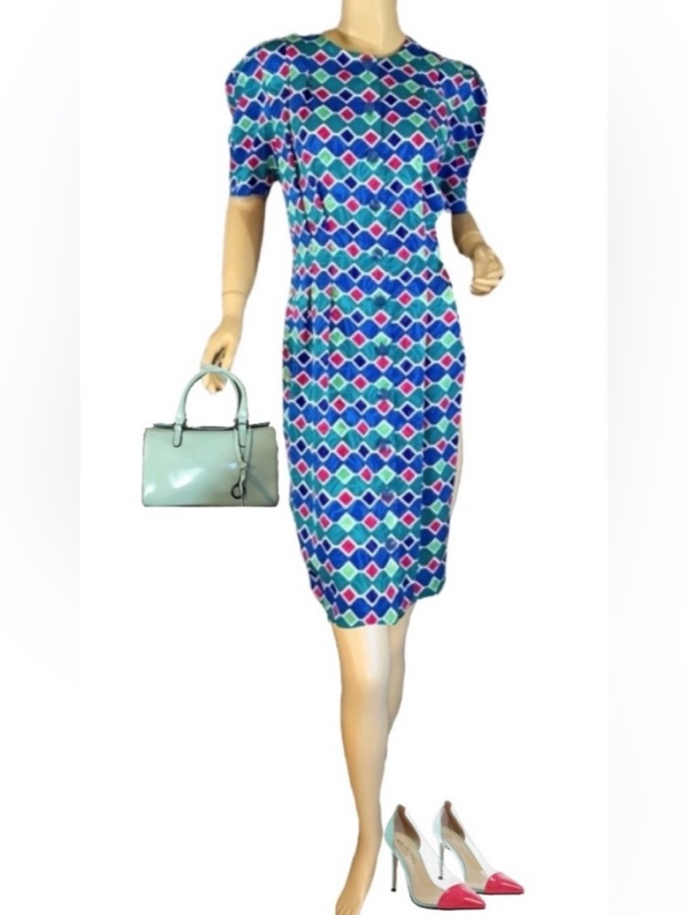 PAPELL BOUTIQUE BLUE, GREEN, & PINK DIAMOND PATTERN VINTAGE 80'S DRESS (8)